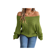Trendy Openwork Off-Shoulder Knit Sweater – Cozy Fall Long Sleeve Top in green, perfect for stylish layering this season.