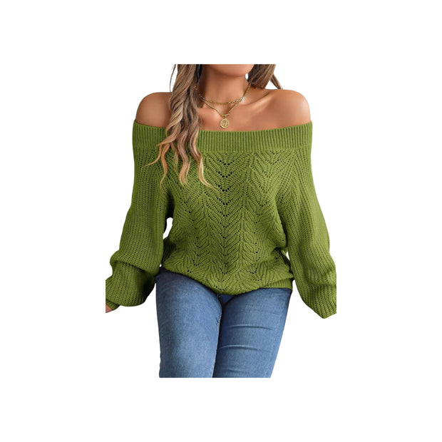 Trendy Openwork Off-Shoulder Knit Sweater – Cozy Fall Long Sleeve Top in green, perfect for stylish layering this season.