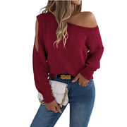 One-Shoulder Openwork Cutout Long Sleeve Sweater – Chic Knit Pullover worn with denim and white handbag.