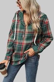 Plaid Hooded Drawstring Top in green and red plaid, featuring a drawstring hood and relaxed fit for casual style.
