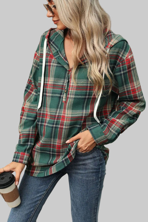 Plaid Hooded Drawstring Top in green and red plaid, featuring a drawstring hood and relaxed fit for casual style.