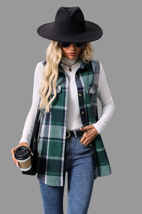 Plaid Button-Up Vest Coat worn by a model with coffee, styled with a wide-brim hat and oversized sunglasses.