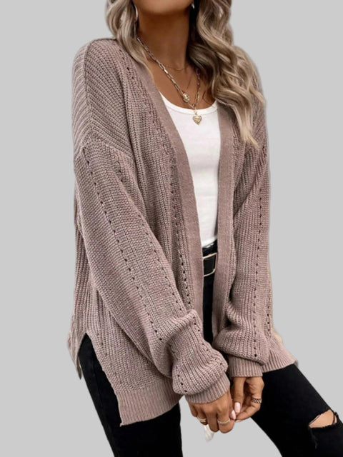 Supreme Comfort Open-Front Cardigan showcased on a model, featuring a relaxed fit and soft knit texture.