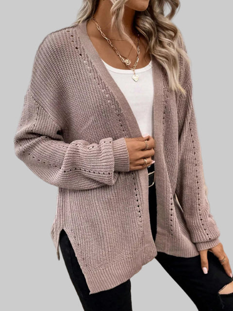 Model wearing a Supreme Comfort Open-Front Cardigan over a white top, showcasing relaxed elegance and comfort.