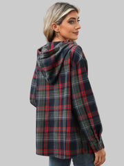 Woman wearing a Plaid Hooded Drawstring Top, showcasing the back design with a cozy and stylish plaid pattern.