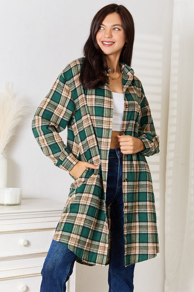 Mandy Plaid Collared Shirt displayed on a model, featuring a green and beige plaid pattern, perfect for versatile styling.