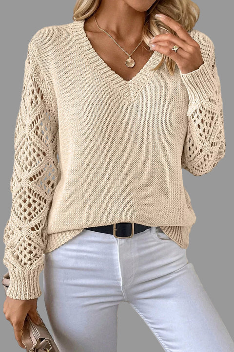 V-Neck Crochet Sleeve Sweater in beige, featuring elegant crochet sleeves and a flattering V-neck design.