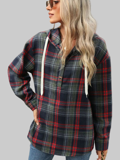 Plaid Hooded Drawstring Top featuring stylish plaid pattern and drawstring hood for cozy everyday wear.