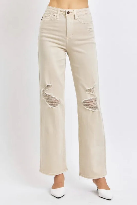 Judy Blue High Waist Distressed Wide Leg Jeans in light beige with ripped detailing