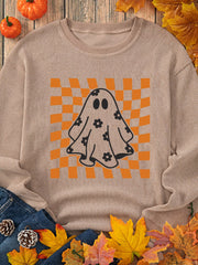 Halloween Checkerboard Ghost Graphic Sweatshirt – Spooky Floral Corded Pullover featuring a playful ghost design.