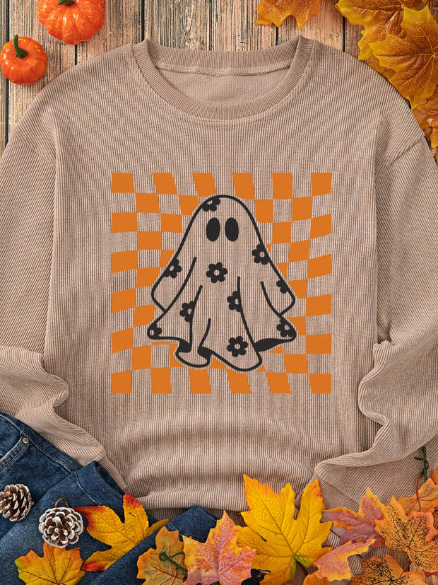 Halloween Checkerboard Ghost Graphic Sweatshirt – Spooky Floral Corded Pullover featuring a playful ghost design.