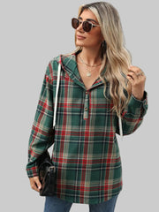 Plaid Hooded Drawstring Top in green and red plaid, styled with sunglasses and relaxed fit for casual looks.