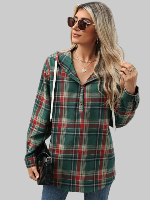 Plaid Hooded Drawstring Top in green and red plaid, styled with sunglasses and relaxed fit for casual looks.