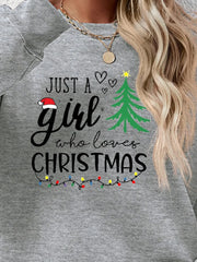 Letter Graphic Round Neck Sweatshirt with Christmas theme, featuring text 'Just a girl who loves Christmas' and festive graphics.