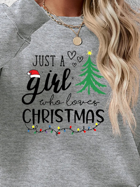 Letter Graphic Round Neck Sweatshirt with Christmas theme, featuring text 'Just a girl who loves Christmas' and festive graphics.