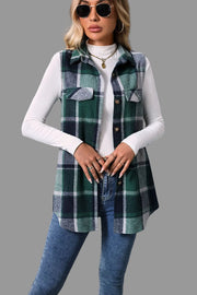 Plaid Button-Up Vest Coat worn over a white top, featuring a structured plaid design and button-front closure.
