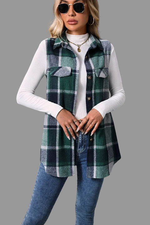 Plaid Button-Up Vest Coat worn over a white top, featuring a structured plaid design and button-front closure.