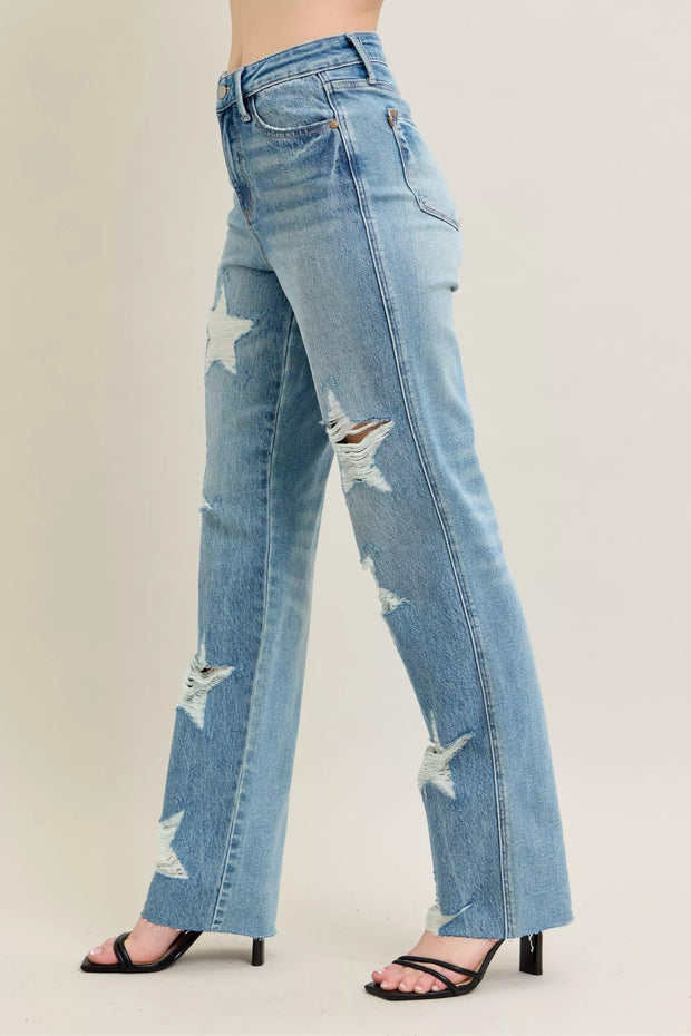 Judy Blue Plus Size High Waist Magic Star Destroy 90’s Straight Jeans featuring distressed star details and raw hems.