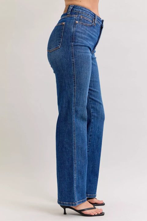 Judy Blue High-Waist Straight Leg Jeans – Tummy Control side view showcasing flattering fit and straight-leg silhouette.