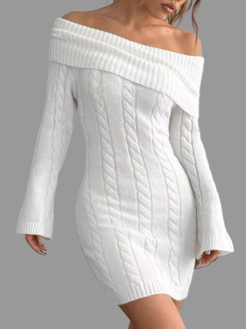 off-shoulder cable knit sweater dress in white with ribbed fold-over neckline and cozy fit.