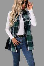 Plaid Button-Up Vest Coat worn over a white turtleneck and blue jeans, showcasing a stylish and cozy layered outfit.