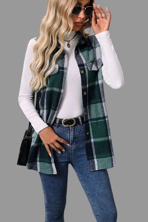 Plaid Button-Up Vest Coat worn over a white turtleneck and blue jeans, showcasing a stylish and cozy layered outfit.