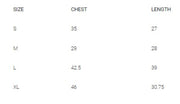 Size chart for Let's Travel Comfort Color LS Tee, detailing chest and length measurements for S, M, L, and XL.