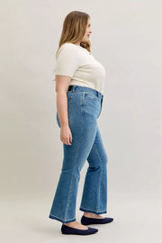 Judy Blue High-Waist Straight Leg Jeans showcasing a flattering silhouette with tummy control technology, modelled from the side.