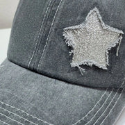 Star Embroidered Baseball Cap featuring distressed silver star stitching on a gray fabric.