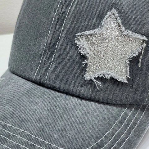 Star Embroidered Baseball Cap featuring distressed silver star stitching on a gray fabric.