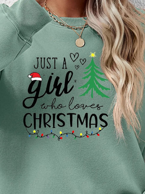 Letter Graphic Round Neck Sweatshirt featuring Christmas-themed design with girl, tree, and colorful lights.