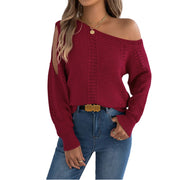 One-Shoulder Openwork Cutout Long Sleeve Sweater – Chic Knit Pullover in red with openwork detailing.