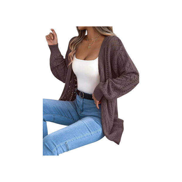 Openwork Knit Open-Front Cardigan – Lightweight Long Sleeve Layering Sweater worn over a white top with blue jeans.