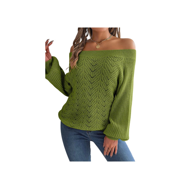 Trendy Openwork Off-Shoulder Knit Sweater – Cozy Fall Long Sleeve Top in green, perfect for stylish layering.