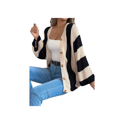 Cozy Color Block Button-Up Cardigan – Long Sleeve Knit Sweater showcasing stylish color block design and comfortable fit.