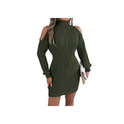 Cold Shoulder Cable Knit Turtleneck Sweater Dress – Long Sleeve Cutout Knit Dress in green with stylish shoulder cutouts.