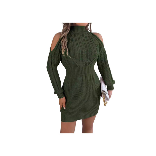 Cold Shoulder Cable Knit Turtleneck Sweater Dress – Long Sleeve Cutout Knit Dress in green with stylish shoulder cutouts.