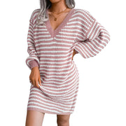 Striped Ribbed V-Neck Sweater Dress – Long Sleeve Knit in pink and white worn by a model.