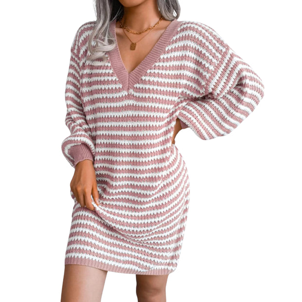 Striped Ribbed V-Neck Sweater Dress – Long Sleeve Knit in pink and white worn by a model.