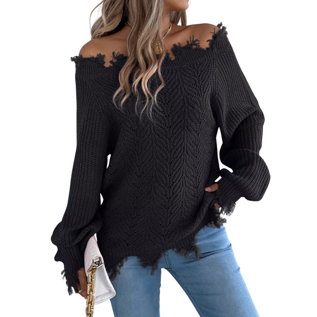 Distressed Hem Openwork Off-Shoulder Sweater – Relaxed Knit in black with raw hemline and slouchy neckline.