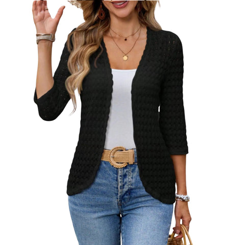 Open Front 3/4 Sleeve Cardigan – Lightweight Layer with openwork knit and relaxed drape, perfect for layering over tops.