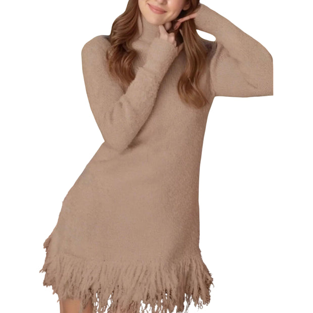 Cozy Fringe Turtleneck Sweater Dress – Long Sleeve Knit in beige with fringe hem and long sleeves.