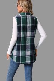 Plaid Button-Up Vest Coat displayed on a model, showcasing its stylish plaid pattern and layering versatility.