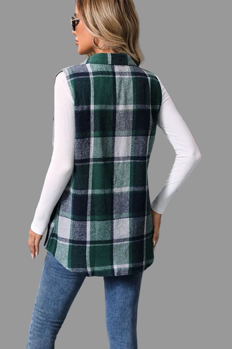 Plaid Button-Up Vest Coat displayed on a model, showcasing its stylish plaid pattern and layering versatility.