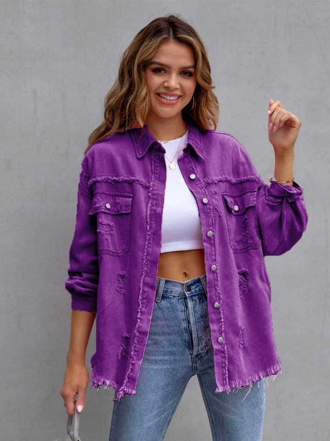 Distressed Fringe Denim Jacket-purple-front-view.jpg
