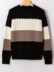 Color Block Drop Shoulder Sweater – Crew Neck Knit in black, white, and brown with a relaxed fit and drop shoulder design.