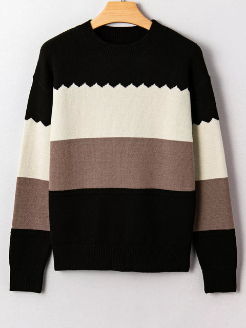 Color Block Drop Shoulder Sweater – Crew Neck Knit in black, white, and brown with a relaxed fit and drop shoulder design.