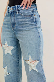 Judy Blue Plus Size High Waist Magic Star Destroy 90’s Straight Jeans with distressed star details and raw hems.