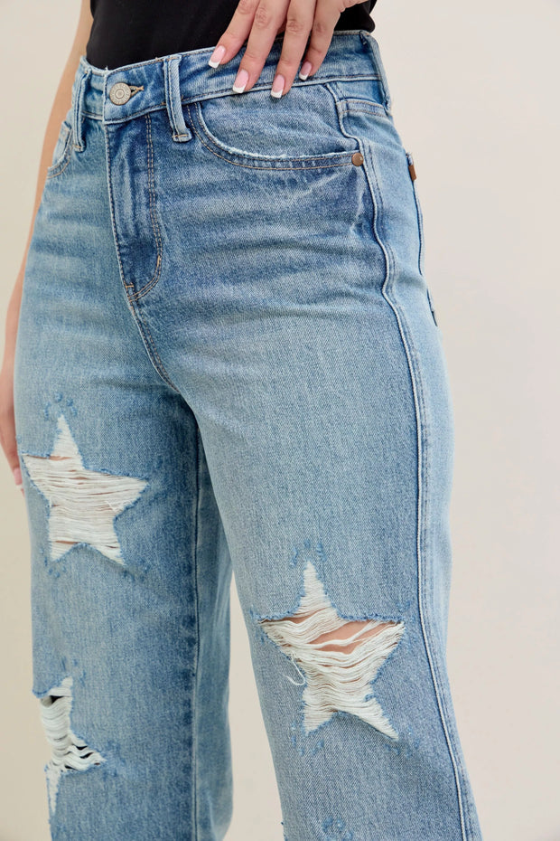 Judy Blue Plus Size High Waist Magic Star Destroy 90’s Straight Jeans with distressed star details and raw hems.