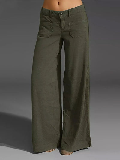 Plus Size Wide Leg Pants with Pockets – Full Length Comfort Fit in olive color, styled for effortless everyday wear.